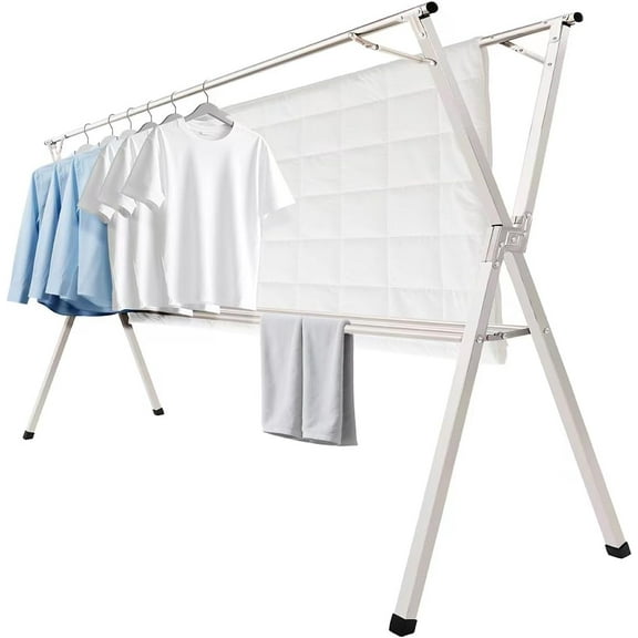 63 inches foldable clothes drying rack, heavy duty stainless steel laundry drying rack for indoor outdoor , clothes rack adjustable length. 3 additional reinforcement bars with 20 windproof hooks