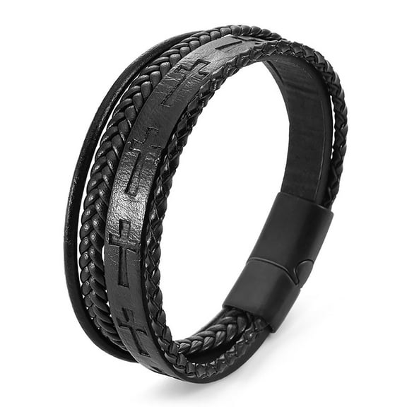 JO WISDOM Men's Cross Magnetic Buckle Bracelet, Men's Woven Leather Cuff Bracelet, Leather Bracelet, Bohemian Cuff Bracelet, Handmade Spliced Bracelet, Multi layered Men's Bracelet