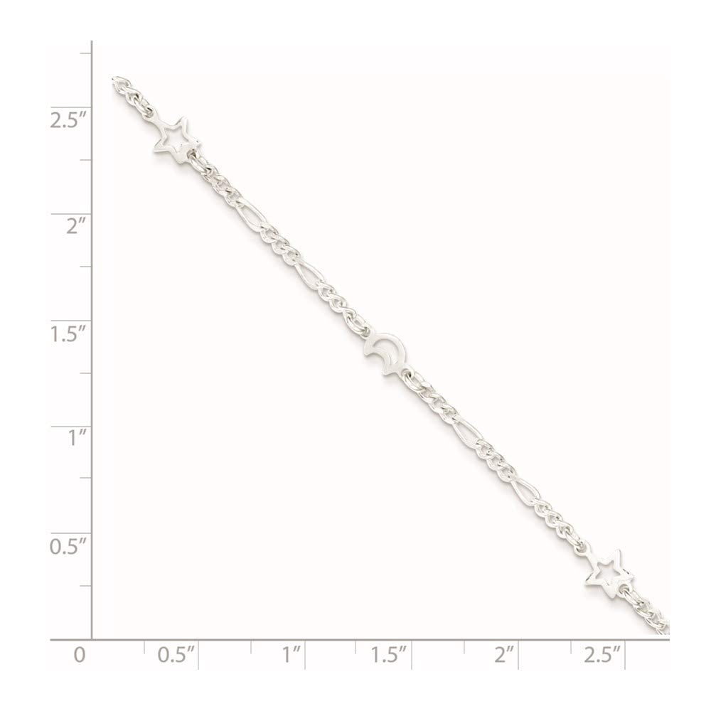 925 Sterling Silver 2mm Polished Moon and Star Chain Anklet with 1in Extender Length
