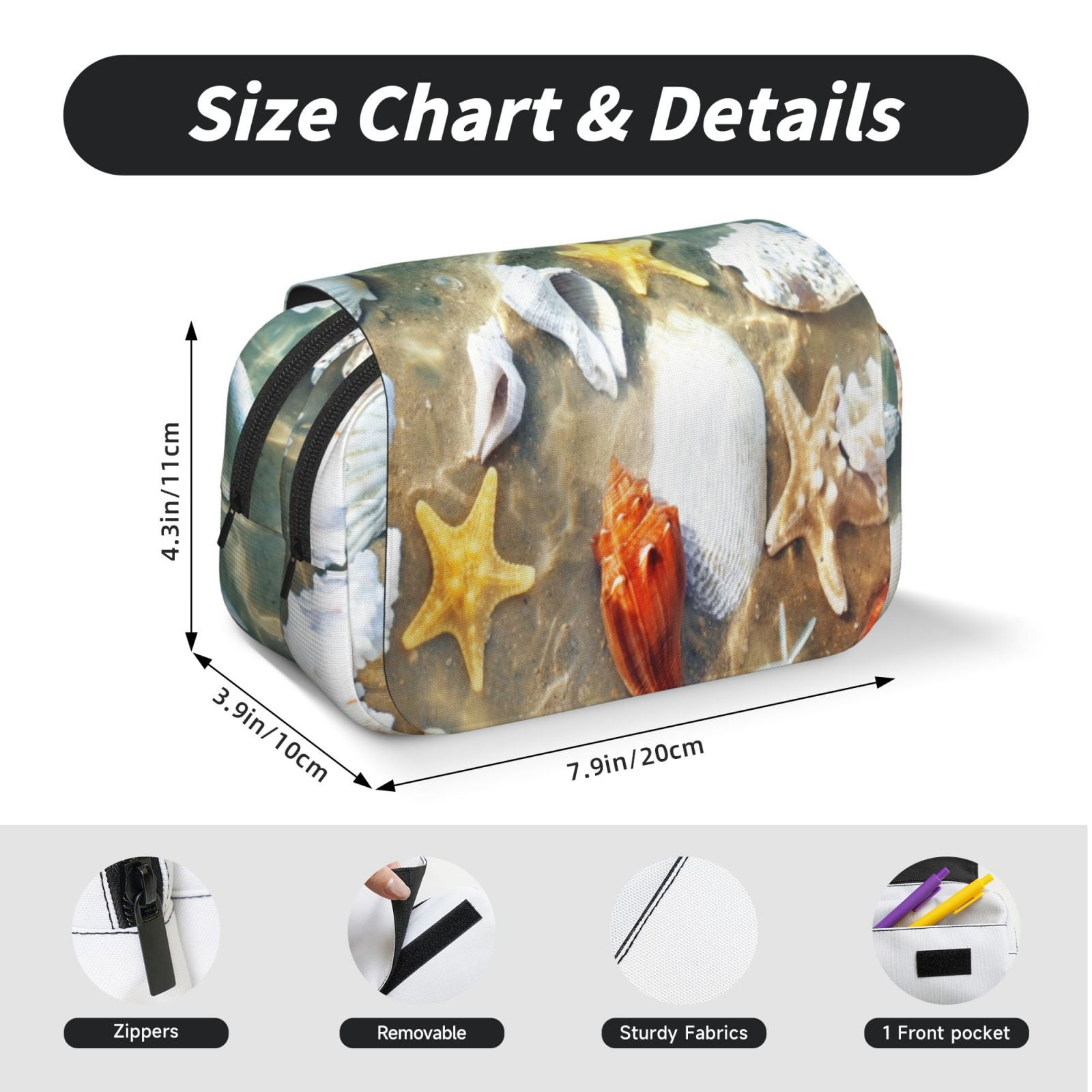 Rateoe Seashell On The Beach Pattern Double Clamshell Pen Case, Storage Organizer with Two Zipper Compartments– Holds Up to 50 Pencils & Pens