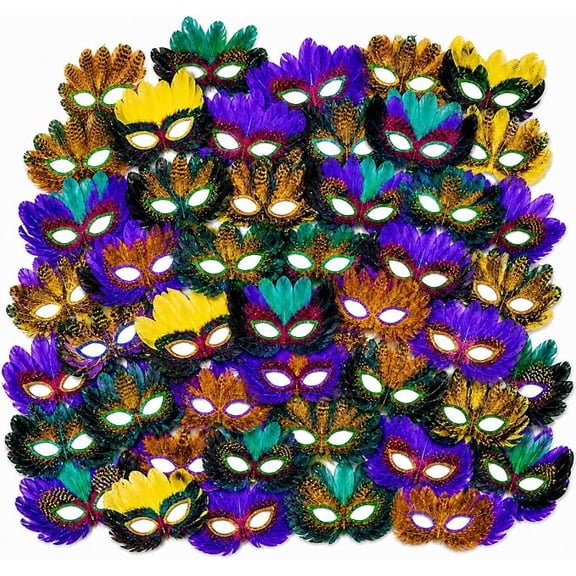 4E's Novelty Mardi Gras Feather Masks Bulk for Adults, Masquerade Party Accessories