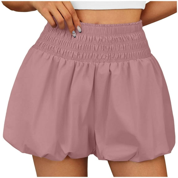 Taqqpue Flowy Shorts for Women Linen Shorts Boho Ruffle Elastic High Waisted Shorts Casual Solid Color Summer Beach Shorts