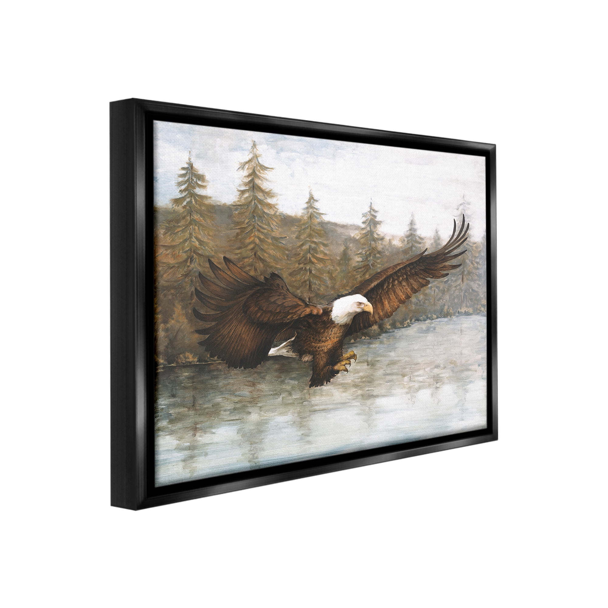 Stupell Industries Flying Eagle over Lake Animals & Insects Painting Black Floater Framed Canvas Art Print Wall Art, 31 x 25