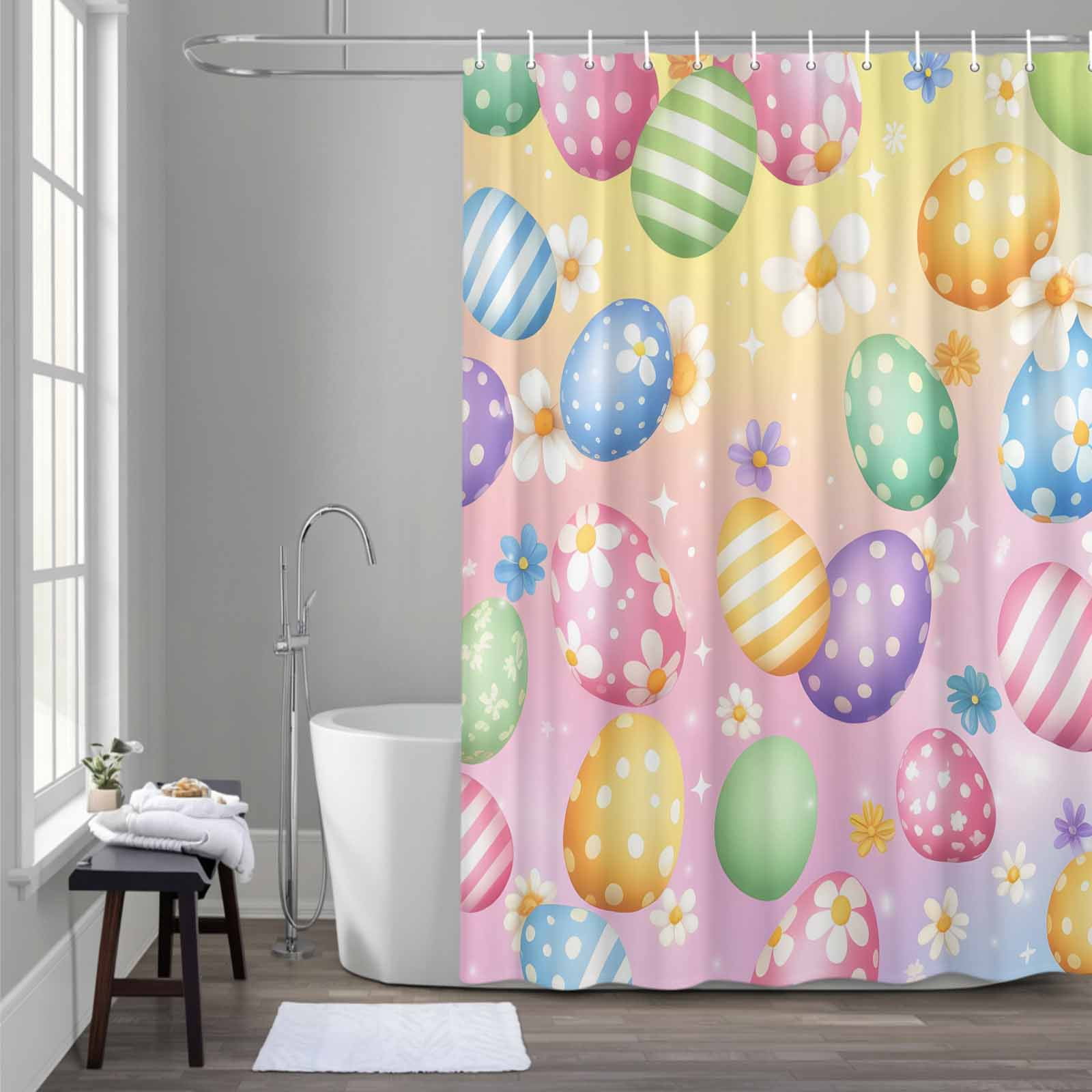 Easter Eggs Shower Curtain for Bathroom, Spring Colorful Easter Eggs Floral Gradient Yellow Pink Waterproof Cloth Fabric Bathroom Accessories Set with 12 Rust Proof Plastic Hooks, 60"x72"