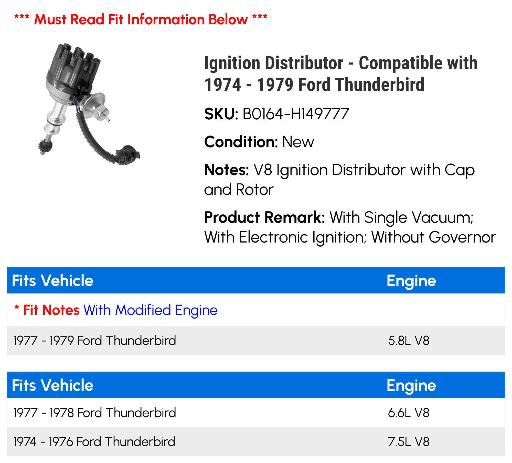 Ignition Distributor - Compatible with 1974 - 1979 Ford Thunderbird 1975 1976 1977 1978