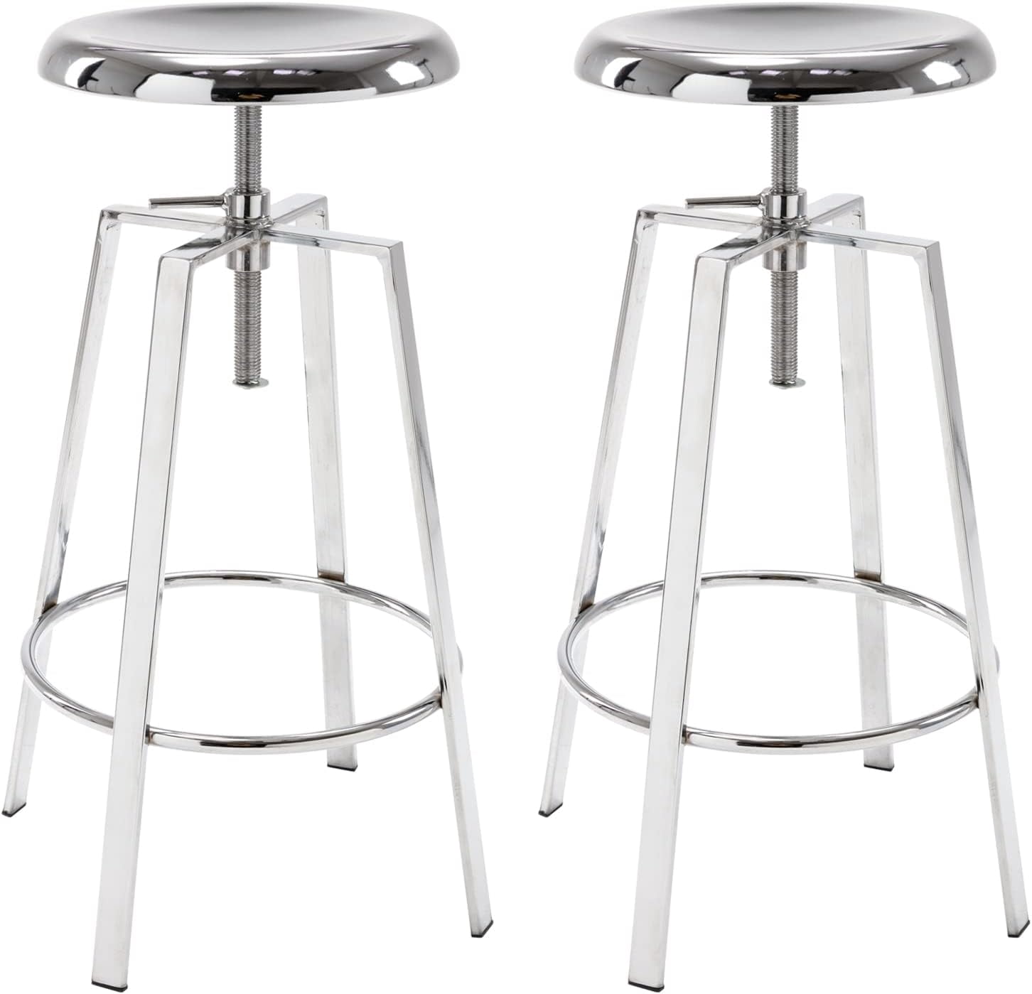 Industrial Bar Stools Set of 2, Metal Adjustable Swivel Four Legged Round Barstools, Atlas Backless Counter Height Bar Chairs for Kitchen Dining, Silver