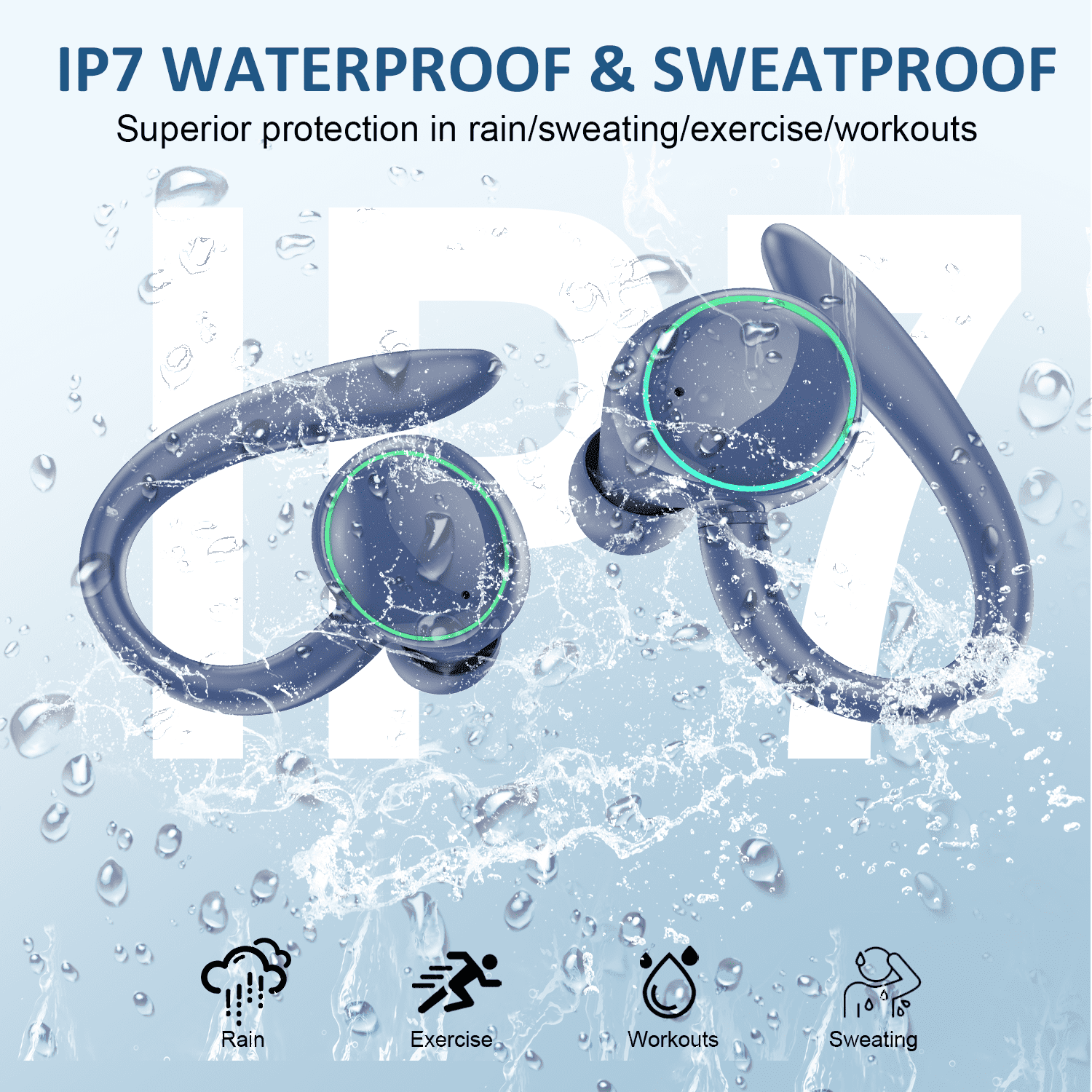 Wireless Earbuds, Bluetooth 5.4 Headphones Sports, 50H Playback Over Ear Earbuds with ENC Noise Cancelling Mic, Deep Bass Fitness Earphones Gym Running Workout with Earhooks, IP7 Waterproof Headset