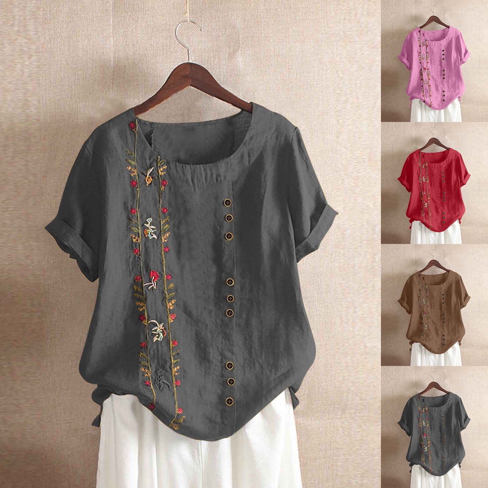 Plus Size Embroidery Tops for Women Cotton Linen Short Plus Size Embroidery Tops for Women Cotton Linen Short