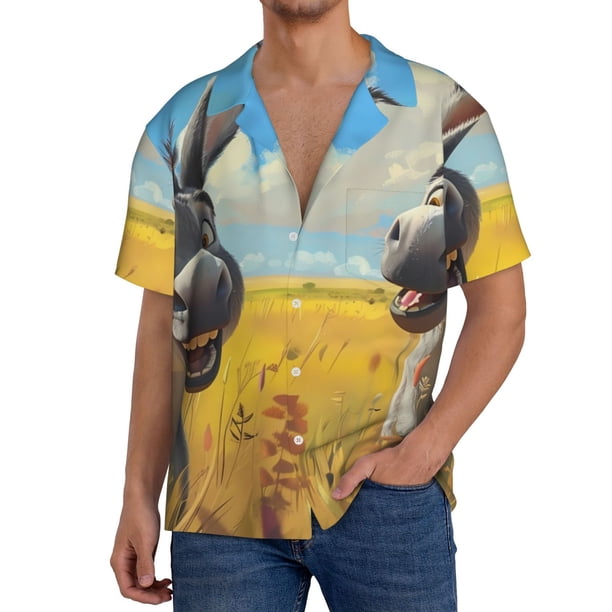 Balery Funny Countryside Donkey Camisa Casual de Manga Corta con Botones para Hombre, Texturizada, Estilo Cubano, para Playa, Verano-Medium