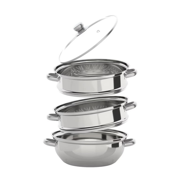 11 3 Tier Large Steaming Cooker Steamer Stainless Steel Food Veg Pot Sets  W/Glass Lid Kitchen Cooker - AliExpress