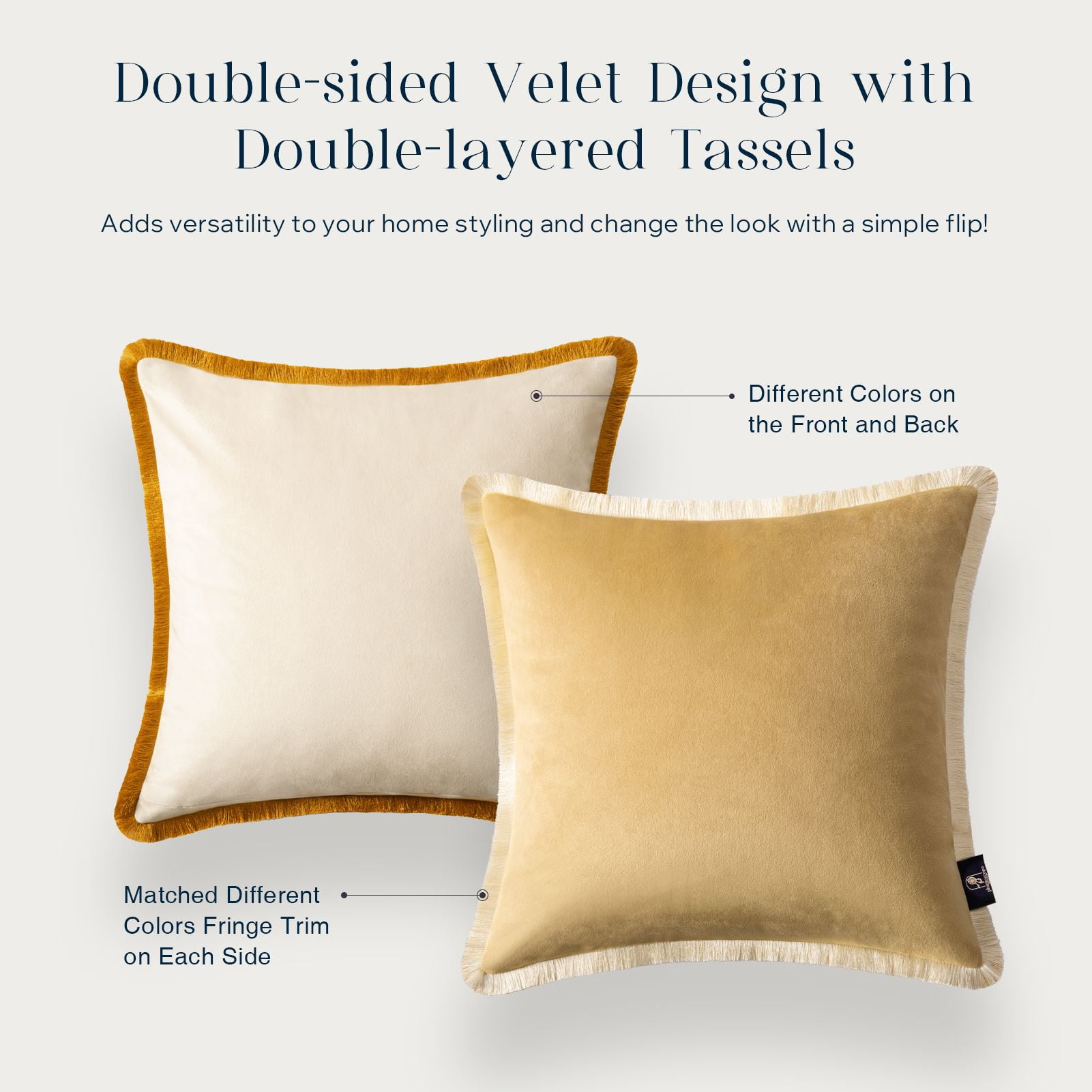 Phantoscope Velvet Decorative Throw Pillows with Inserts, Double-Sided Two-Tone Tassel Trim, 18 x 18 in, Beige, 2 Pack