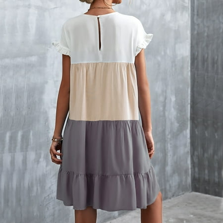 

OTVIAP One Piece Dress Contrast Color Splicing Dress Classic One Piece Dress with Ruffled Cuffs Machine Washable for Summer Girl Dress