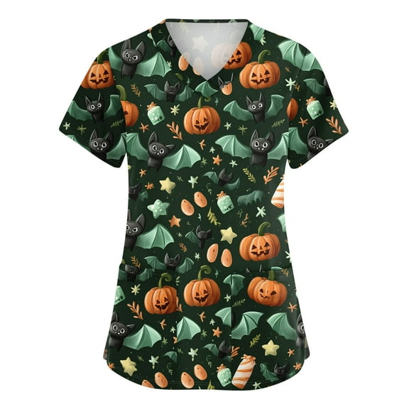 Drmagiyhm Plus Size Scrubs for Women Stretch Funny Halloween Shirts Short Sleeve V-Neck Scrub Shirts Fun Halloween Printed Nurse Uniforms Army Green L