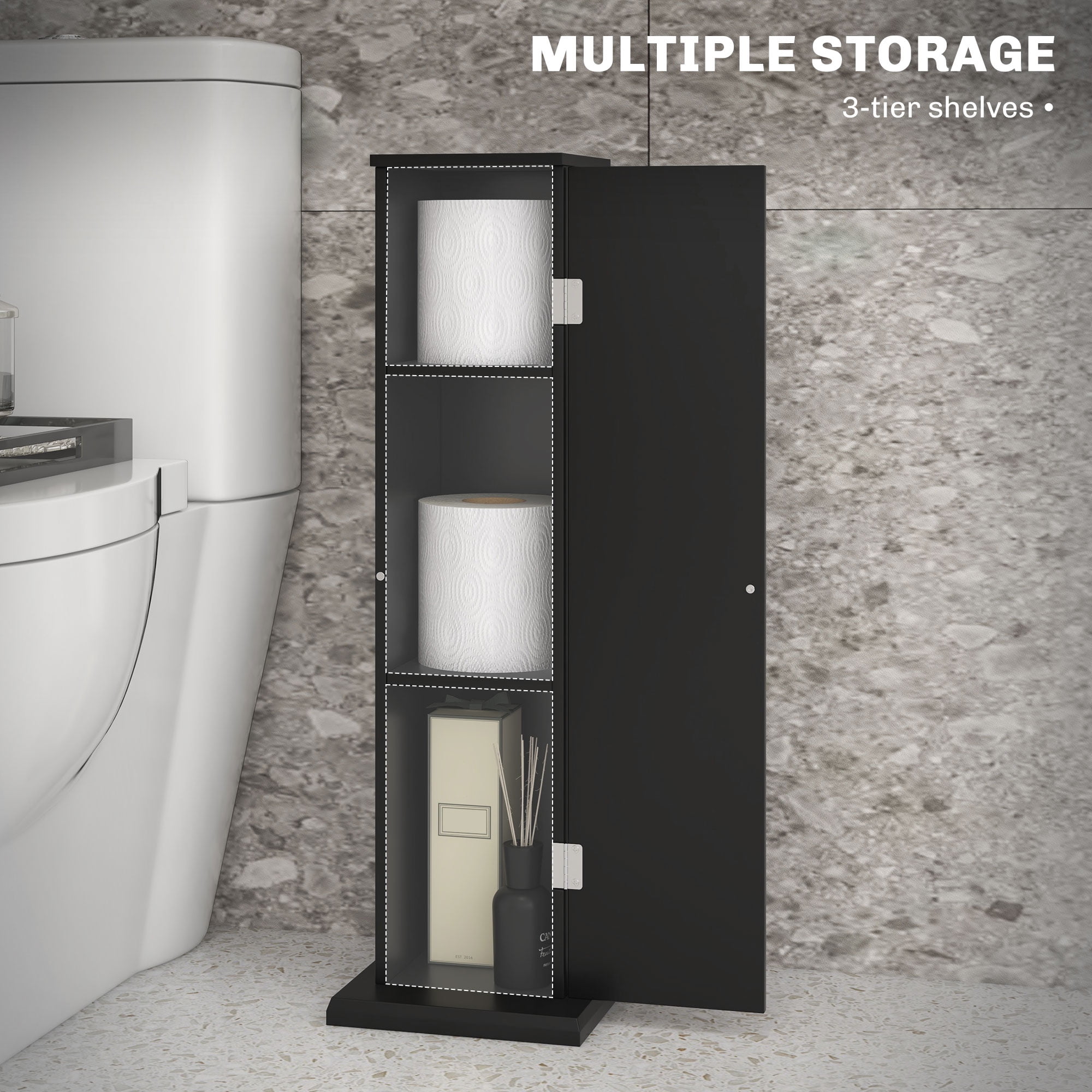 HOQBN Small Toilet Paper Cabinet, Bathroom Corner Cabinet with Doors and Shelves for Paper Shampoo, Black