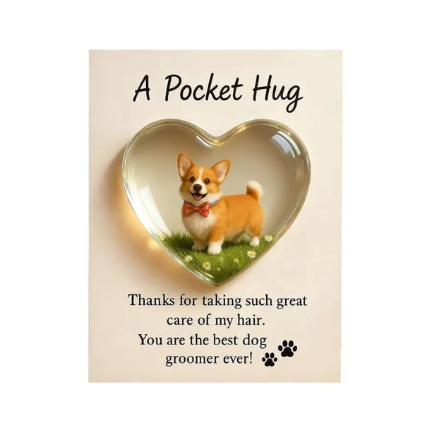 Abrazo de bolsillo para peluqueros caninos con tarjeta de felicitación de acrílico en forma de corazón. Abrazo de bolsillo para peluqueros de mascotas. Regalos de recuerdo de agradecimiento.