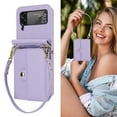 thumbnail image 7 of For Samsung Galaxy Z Flip 4 PU Leather Case, Stylish Crossbody Strap Wristband Card Slots Magnetic Snap RFID Blocking Drop Protective Rugged Case for Samsung Galaxy Z Flip 4, Purple, 7 of 7