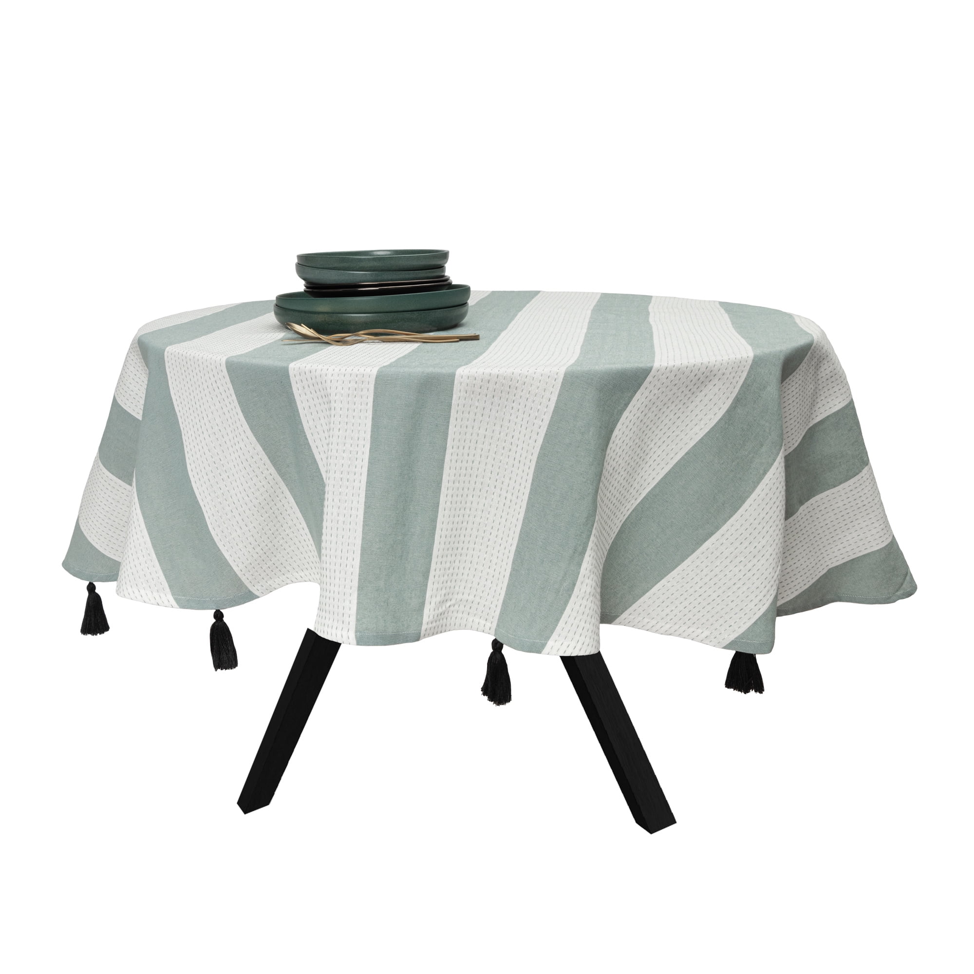 Thyme & Table 70" Round Tablecloth, Green and White with Black Tassels