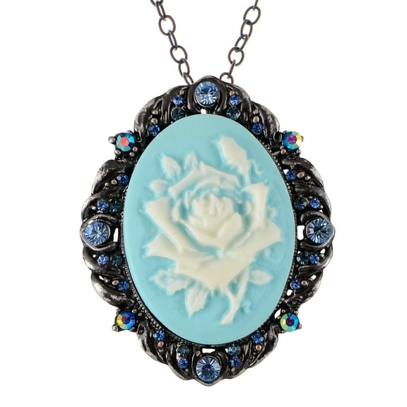 Vintage Inspired Sparkly Crystal Rhinestones Flower Cameo Frame Pendant Necklace Brooch Pin, Blue