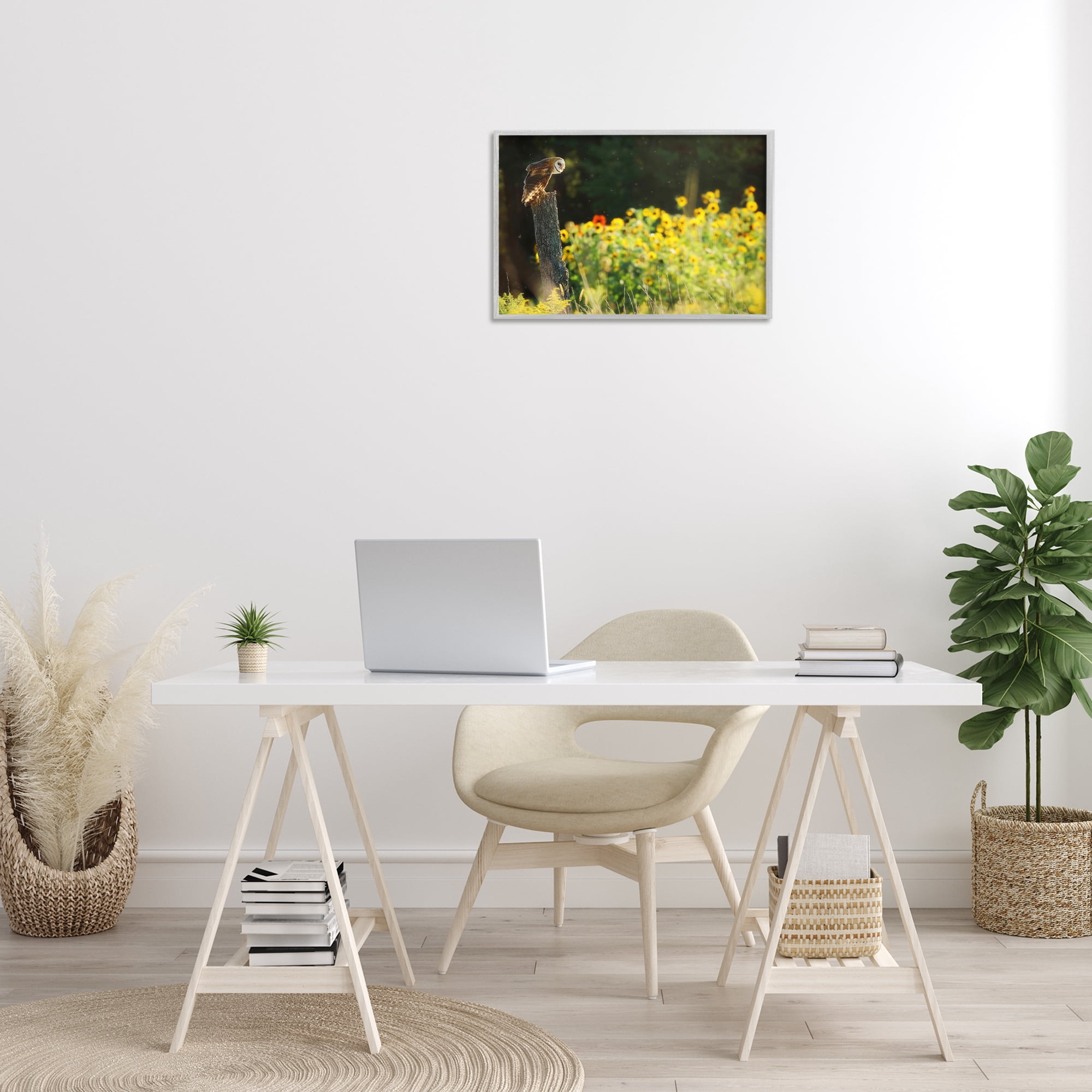 Stupell Industries Owl Perched in Meadow Landscape Photography Gray Framed Art Print Wall Art, 24 x 16