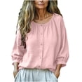 thumbnail image 2 of Homenesgenics Womens Tops Plus Size Spring 3/4 Sleeve Round Neck Button-Up Bell Sleeve Solid Color Cotton-Linen Top/Shirt Pink M, 2 of 7