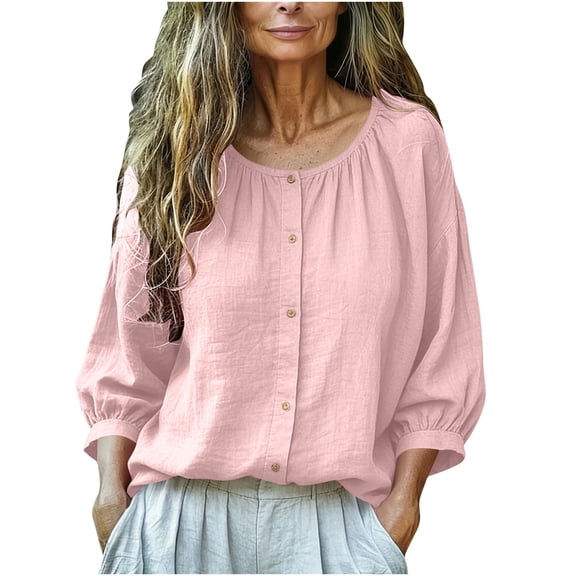 Xdegoge Women's Cotton Linen Shirts 3/4 Lantern Sleeve Blouses Crewneck Button Down Tops Casual Boho Loose Fit Tunics Soft Lightweight Breathable for Summer