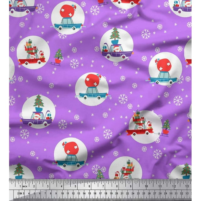 Soimoi Poly Georgette Fabric Gift Box,Car & Santa Christmas Fabric Prints by Yard 42 Inch Wide