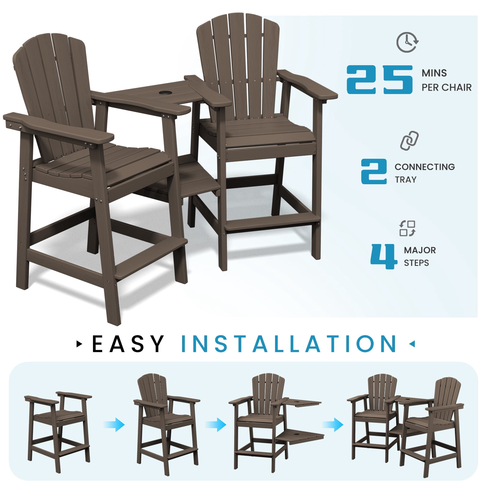 LOYALICE Tall Plastic Adirondack Chair Set of 2 W/ Outdoor Barstools and Connecting Tray, Coffee