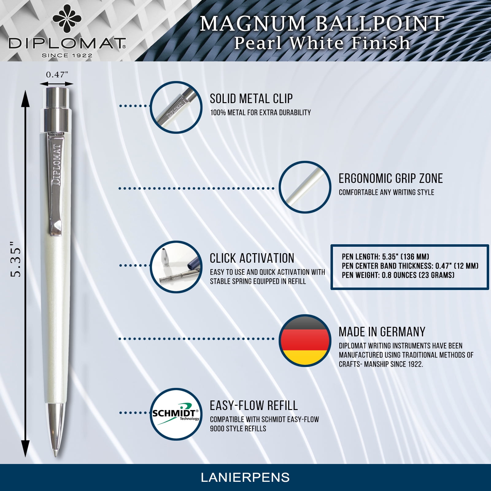 Diplomat Magnum Ball Point Pen - Pearl White (Black Ink, Medium Tip Refill)