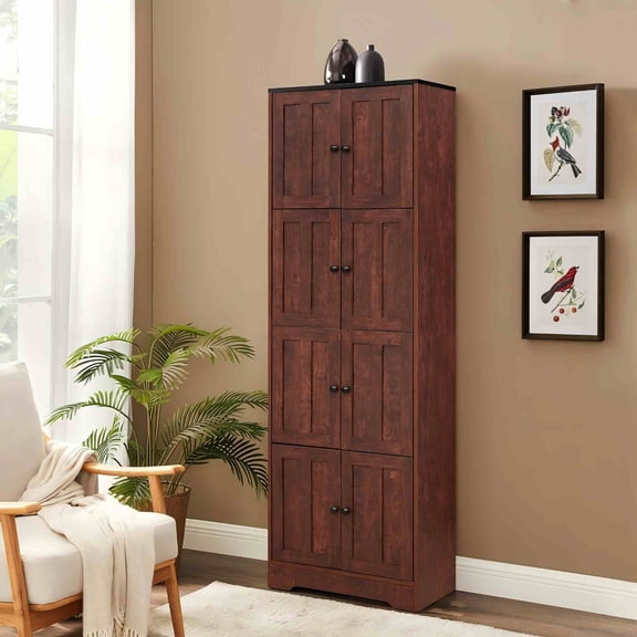Walnut Tall Storage Cabinet with 8 Doors & 4 Shelves | Engineered Wood | 24"W x 12.8"D x 72.4"H | Living Room, Kitchen, Office, Bedroom, Bathroom Organizer