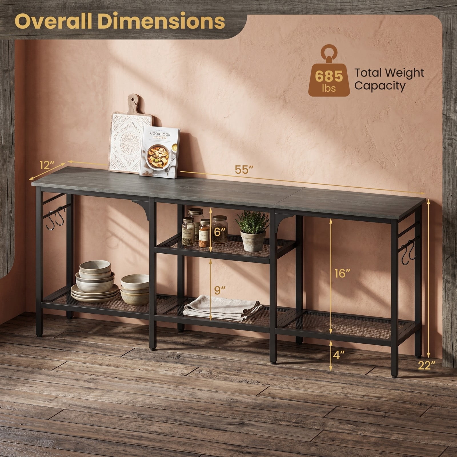 Furnibear TV Stand for TVs up to 65 Inch, 3-Tier Open Shelf Entertainment Center with 4 Hooks, Metal Frame Media Console Table for Living Room Bedroom, Oak & Black