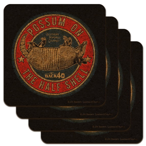 Back 40 Possum on the Half Shell Roadkill Low Profile Novelty Cork Coaster Set