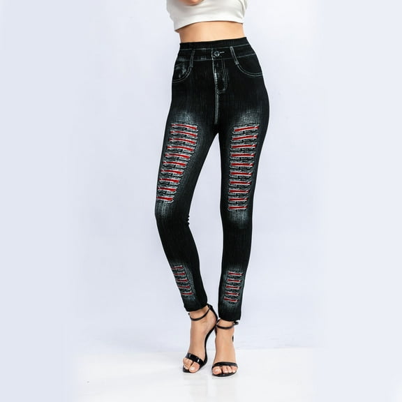 Baqcunre Womens Jeans Elastic Jeans Leggings Thermal Stripe Print Imitation Denim Leggings Tights Hiking Yoga Hip Pants Womens Pants Skinny Jeans For Women Womens Leggings Black XS-3XL