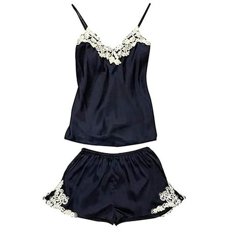 Emmababy 2pcs Women Satin Lace Babydoll V-Neck Sleeveless Top Shorts Pajamas Set