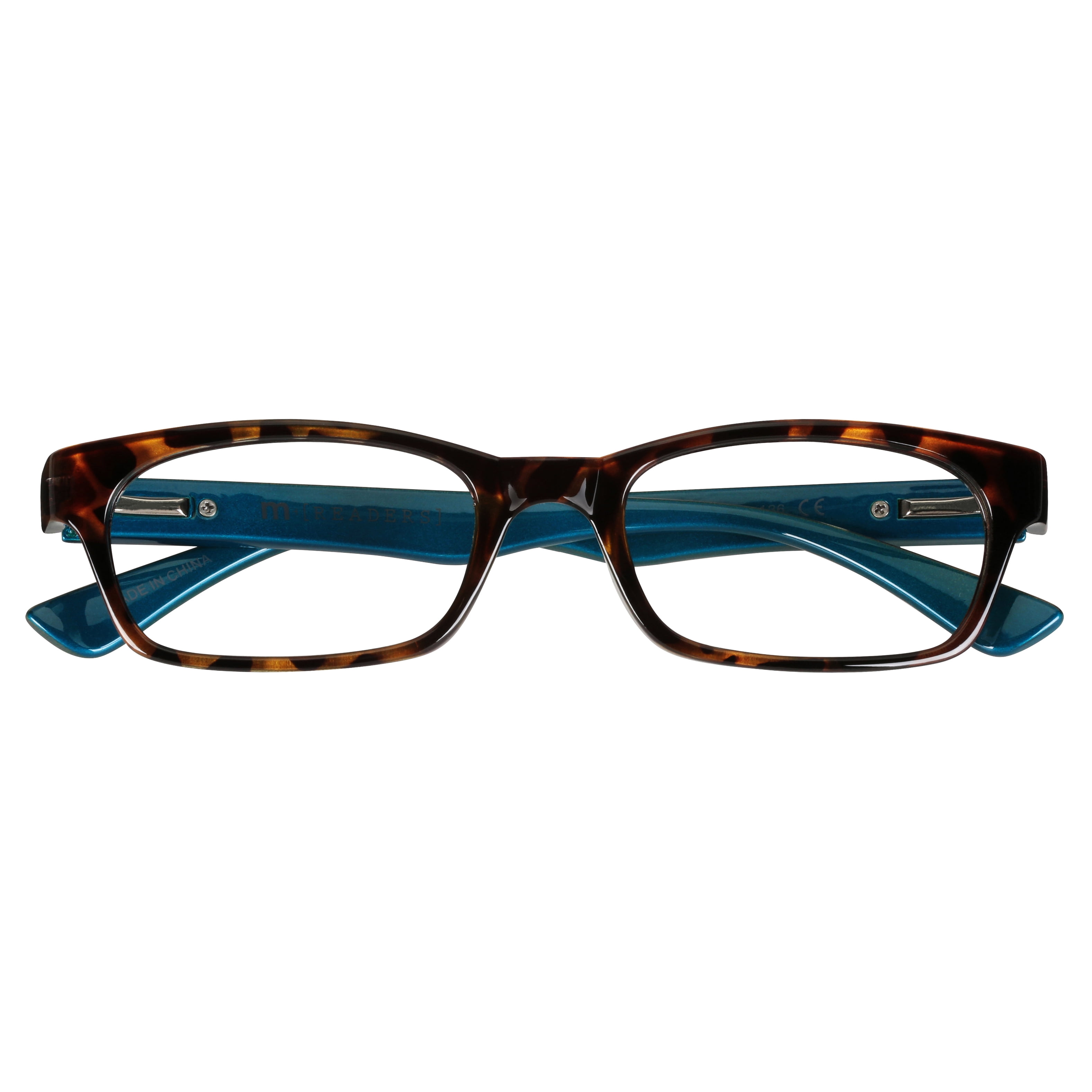 (2 pack) M+ Womens Rectangular Plastic Reading Glasses 2.00 Colleen in Tortoise with Teal Inner Color