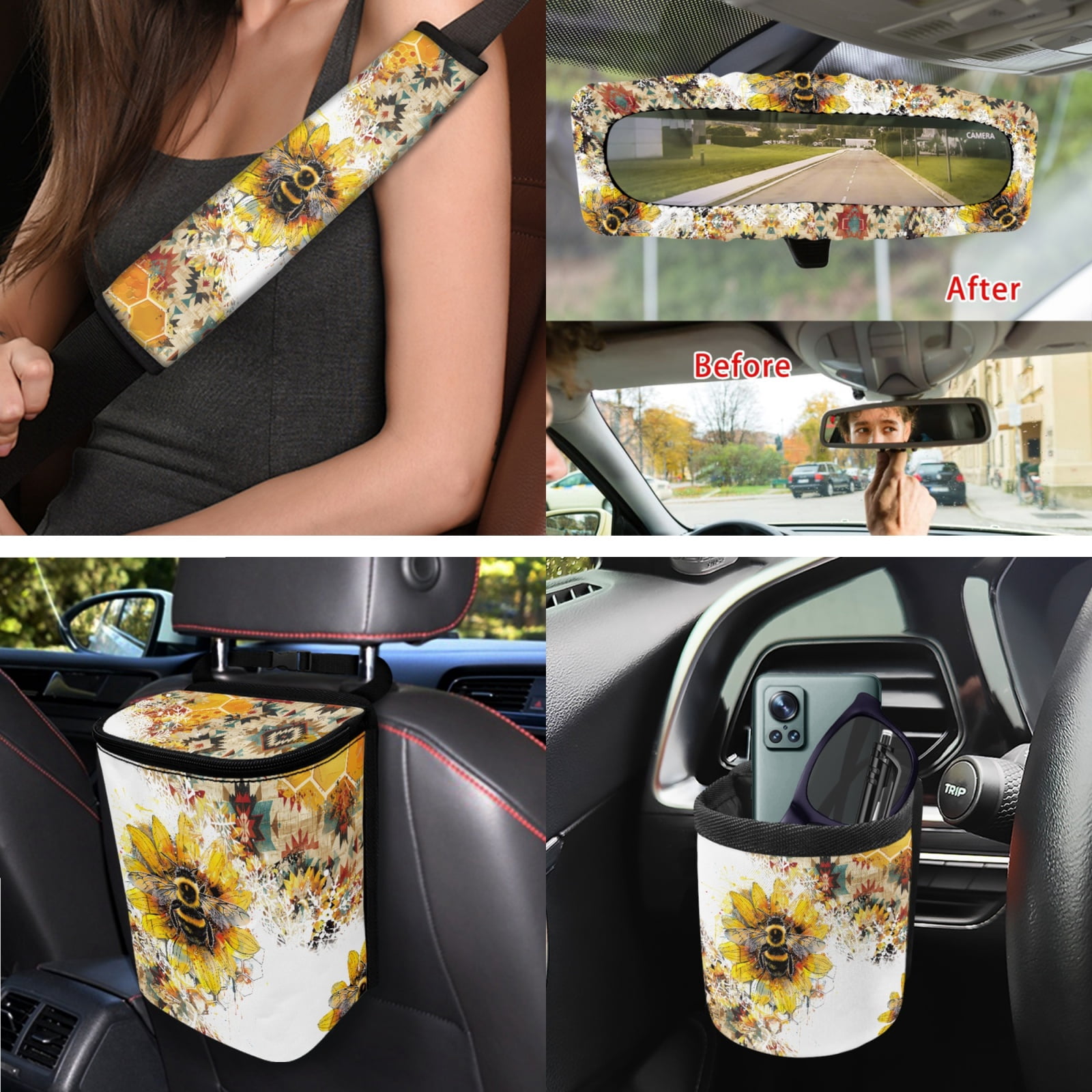 Yuyamidu Bee Car Seat Cover 15 PCS Sunflower Auto Front Back Seat Cover with Steering Wheel Cover Seat Belt Pads Trash Bin Auto Storage Organizer Rearview Mirror Cover Cup Holder Wrist Key Chain