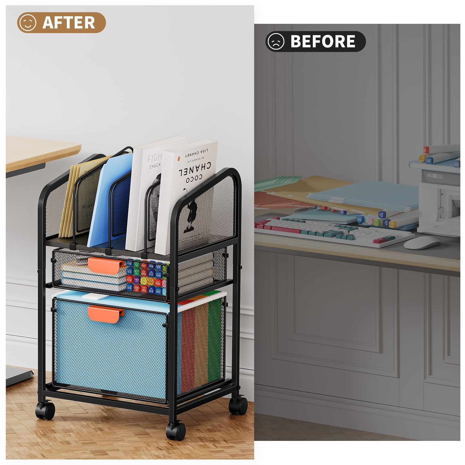 Marbrasse Rolling File Cart with 2 Drawers – Metal Moving Storage Cabinet, 3-Tier Mesh Office Organizer with Lockable Casters, Black Mobile File Organizer for Home, Office