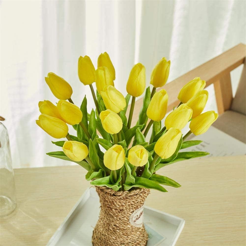 Winlyn 28 Pcs Multicolor Tulips Artificial Flowers Faux Tulip Stems Real  Feel PU Tulips Easter Spring Wedding Bouquet Centerpiece Floral Arrangement