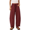 thumbnail image 7 of Cotton Linen Pants with Pockets for Women Stripe Elastic Waist Loose Wide Leg Trousers Breathable Casual for Summer Daily Vacation Beach Outfits Wine M, 7 of 7