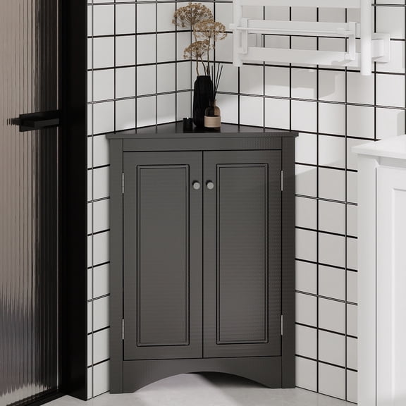Black Triangle Bathroom Storage Cabinet with Adjustable Shelves, Freestanding Floor Cabinet for Home Kitchen