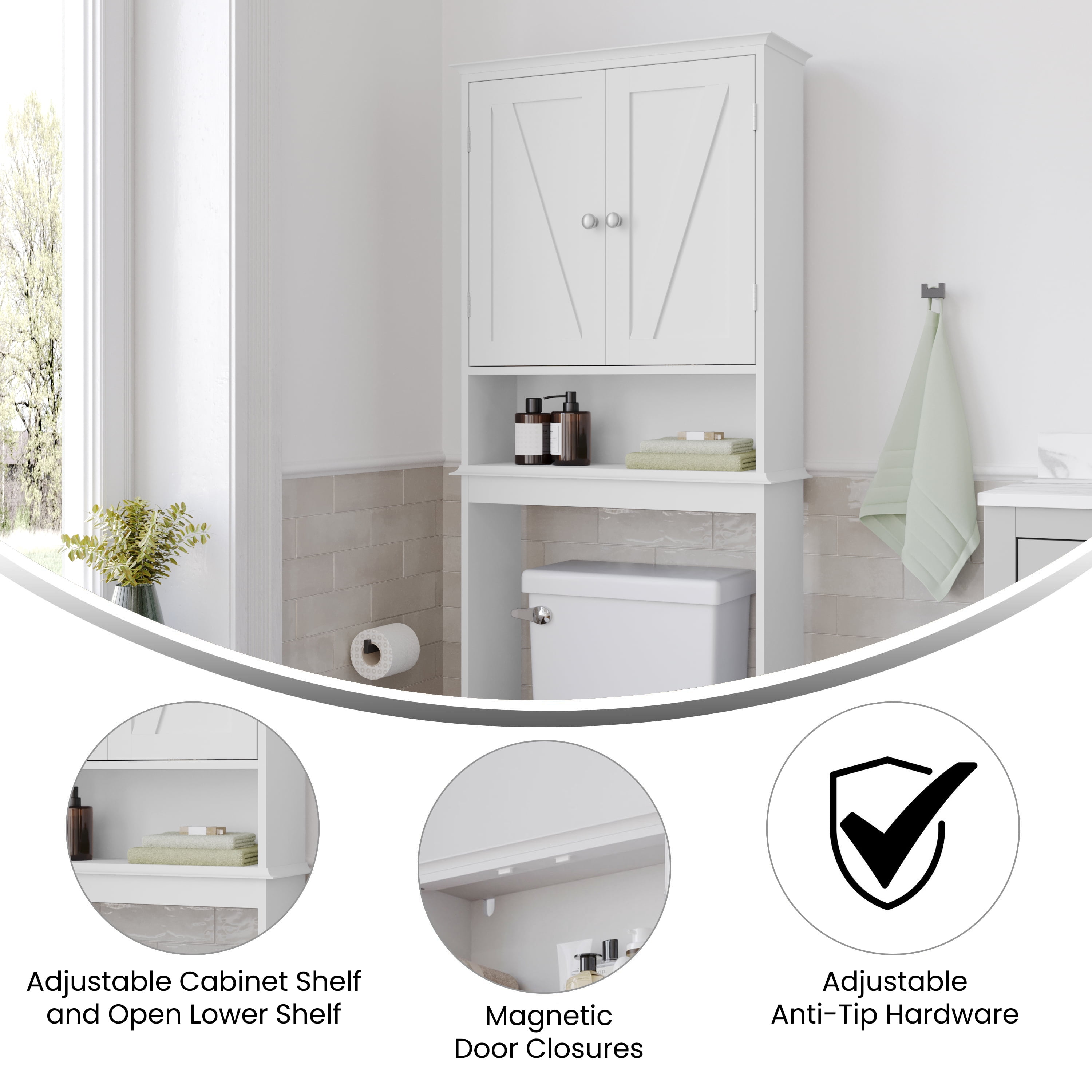 Merrick Lane Over the Toilet Bathroom Organizer with Shelves and Magnetic Closure Doors in White