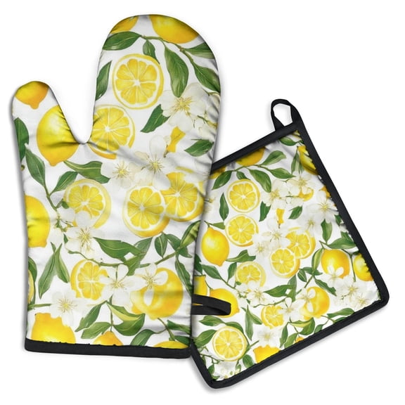 Lemon Kitchen Oven Mitt and Pot Holder Sets 2 Pcs for Baking, Cooking and Grilling, Heat Resistant Up To 392 °F
