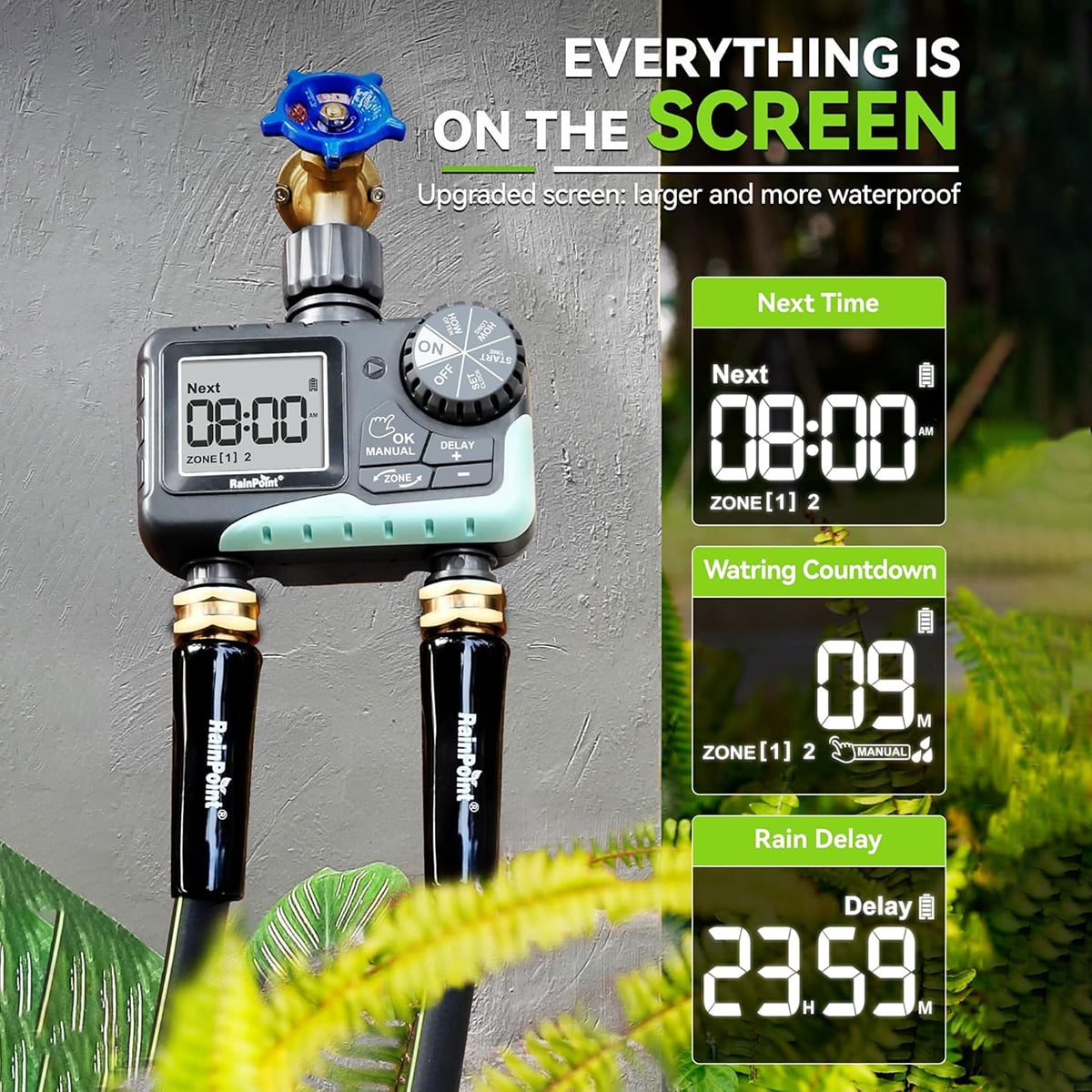 RainPoint 2-Zone Programmable Sprinkler Timer, Automatic Irrigation System Timer, IP65 Waterproof for Outdoor Garden Yard Lawn, Hose Timer ITV205