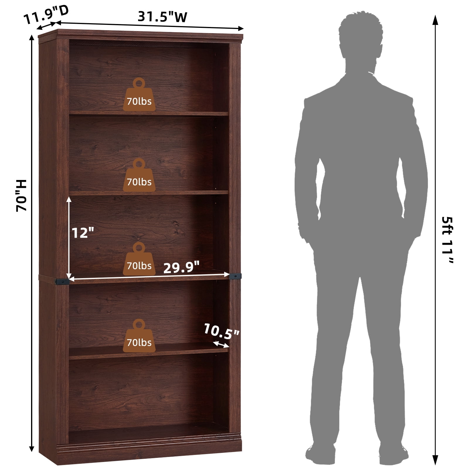 Buildhom 70" Tall Farmhouse Bookshelf, 5-Tier Solid Wood Bookcase with Adjustable Shelves for Living Room & Office, Walnut