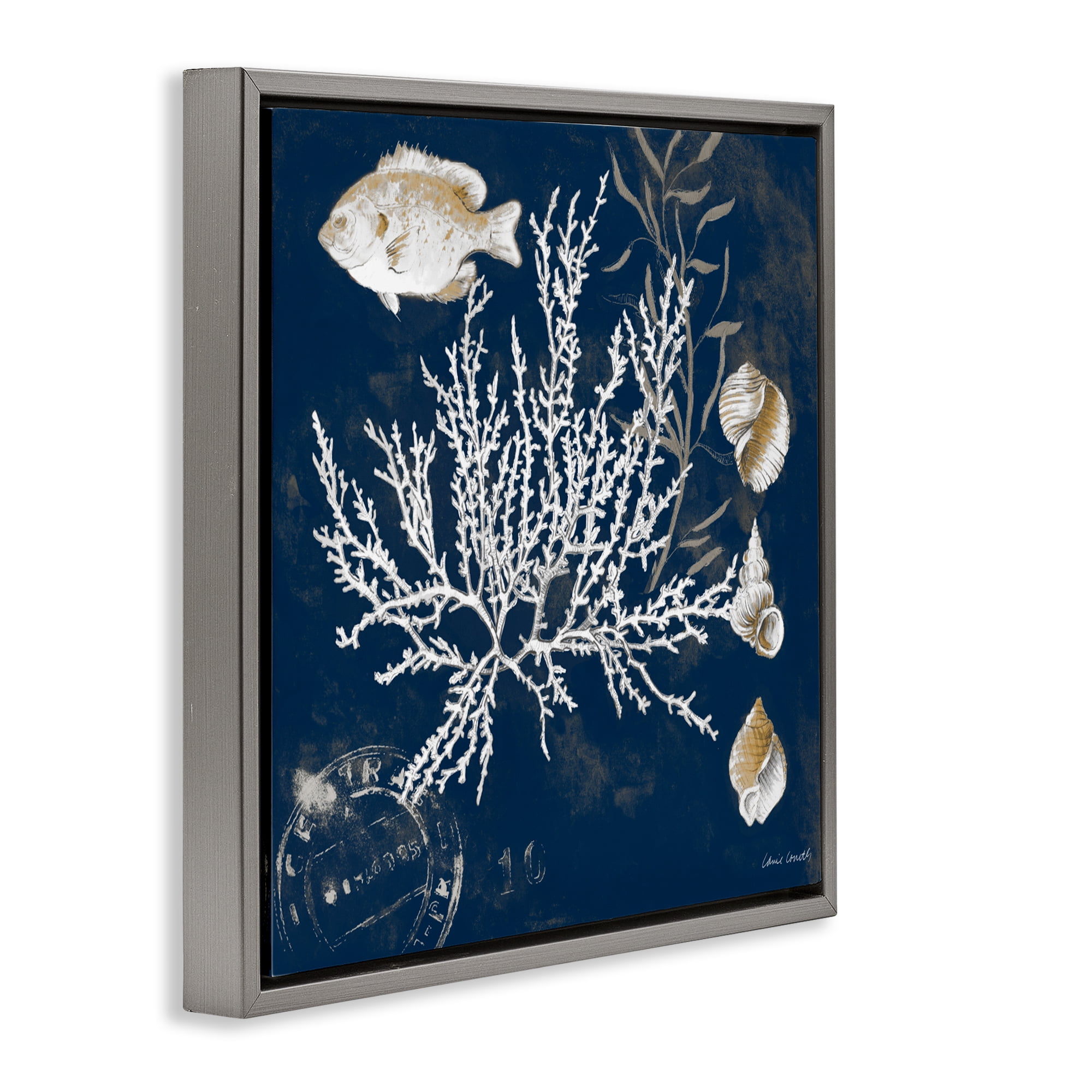 Stupell Industries Coral Medley on Blue Gray Framed Floater Canvas Wall Art, design by Lanie Loreth