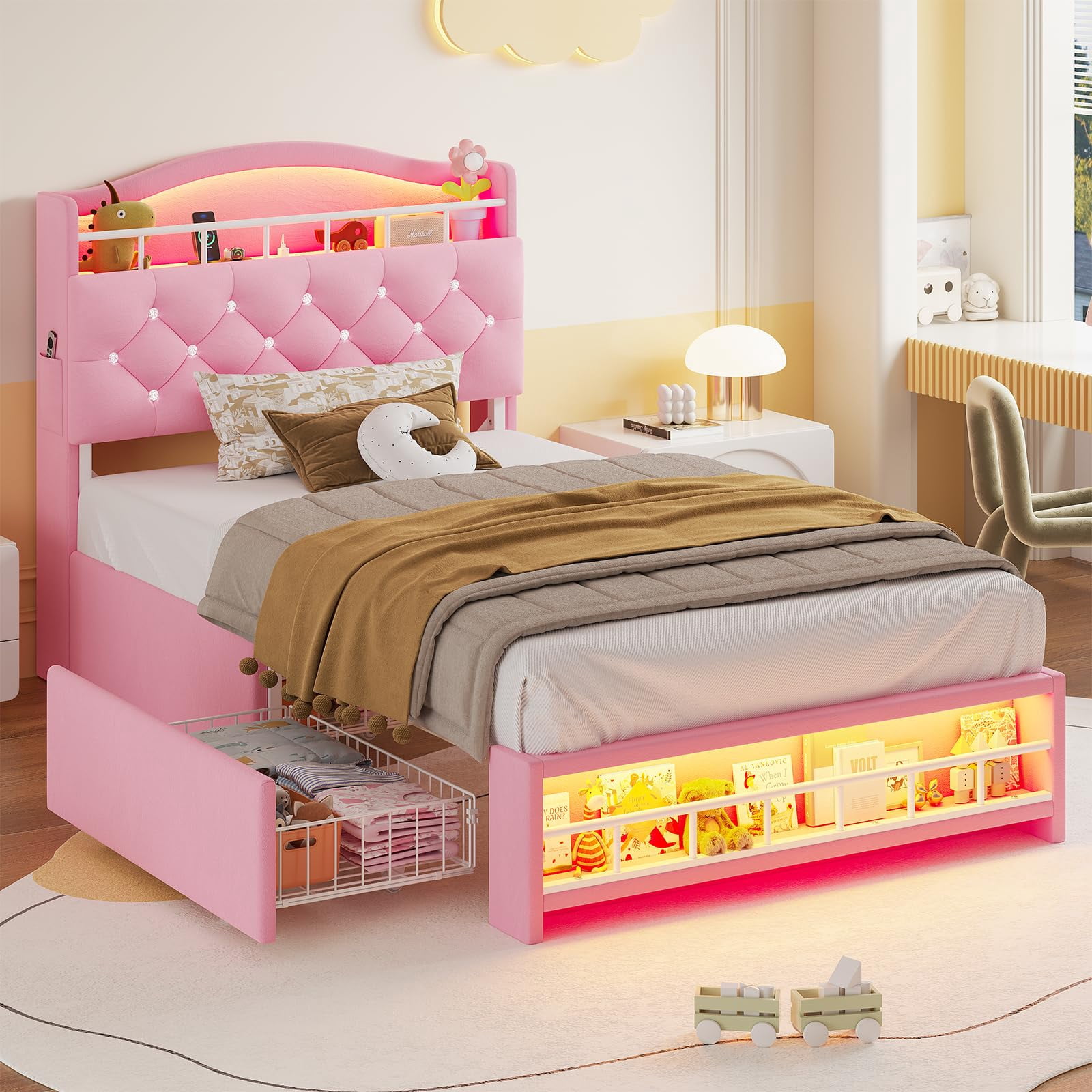 AMUZER Twin Size Princess Bed Frame with 4 Storage Drawers,Headboard with LED Lights & Charging Station, Girl Upholstered Bed,No Box Spring Needed, Easy Assembly, Pink
