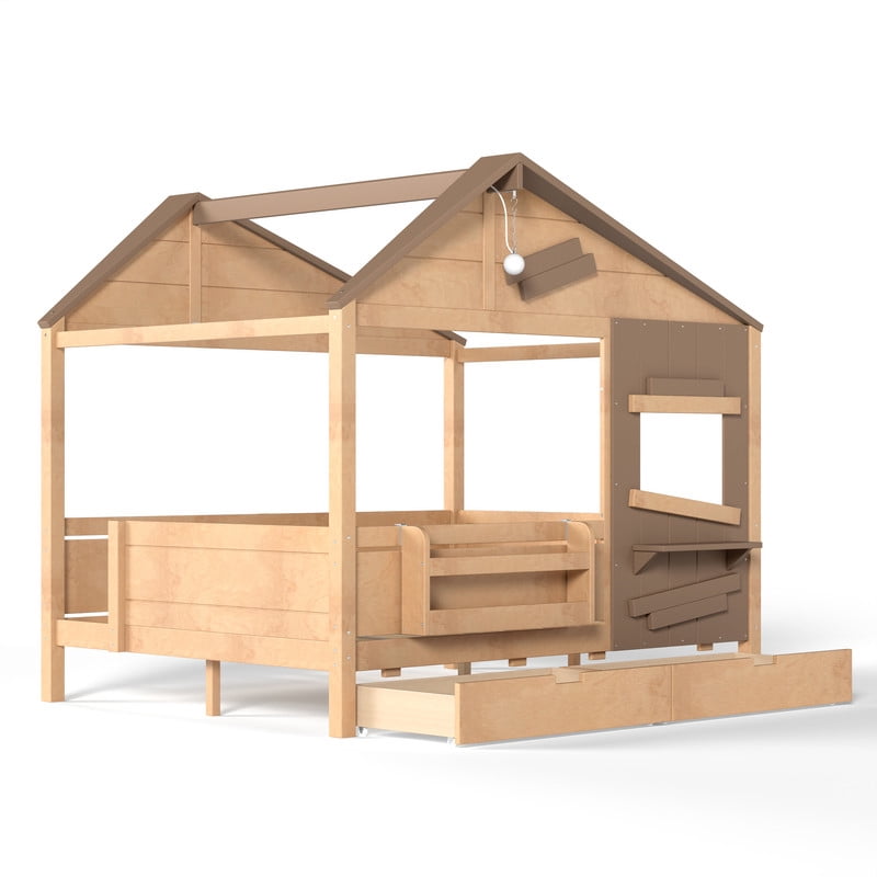 Full House-Shaped Kid's Bed with Built-in Bookshelf & Light Bulb, Wooden Platform Bed Frame with 2 Drawers & 5 Round Hooks