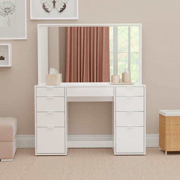 Kappesberg Mariannas 47" Wide White Makeup Vanity Table with Mirror and 9 Drawers