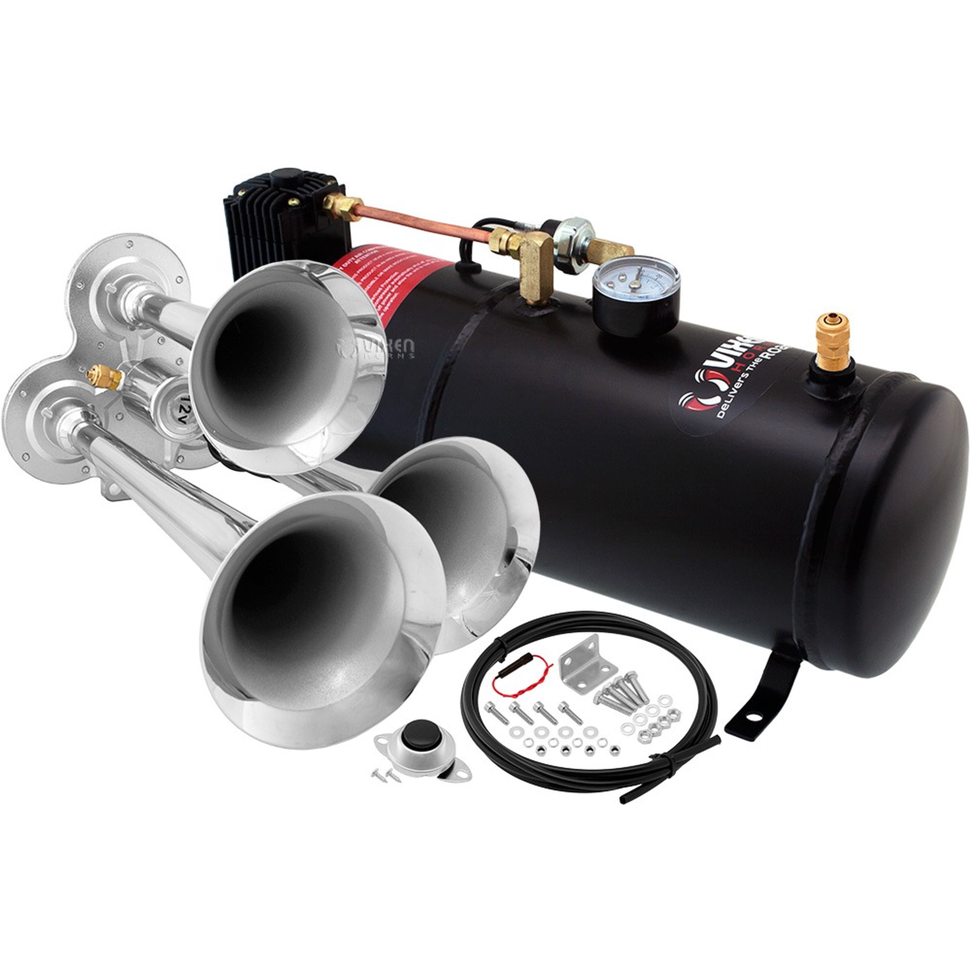 Vixen Horns Train Horn Kit for Trucks/Car/Semi. Complete Onboard System- 150psi Air Compressor 1 Gallon Tank 3 Trumpets. Super Loud dB. Fits Vehicles like Pickup/Jeep/RV/SUV 12v VXO8210/3114