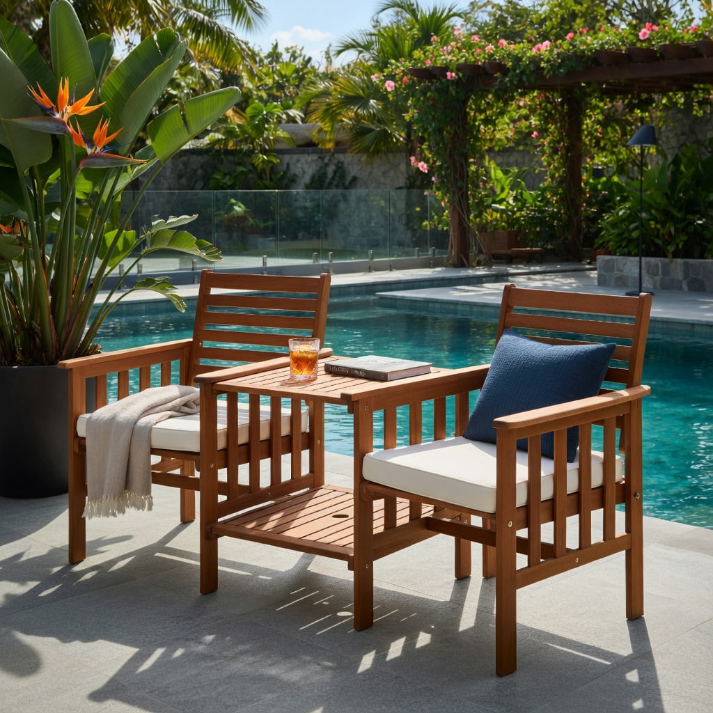 Hommoo 3-Piece Acacia Wood Outdoor Patio Furniture Set, Loveseat with Cushions & Umbrella Hole Coffee Table, White