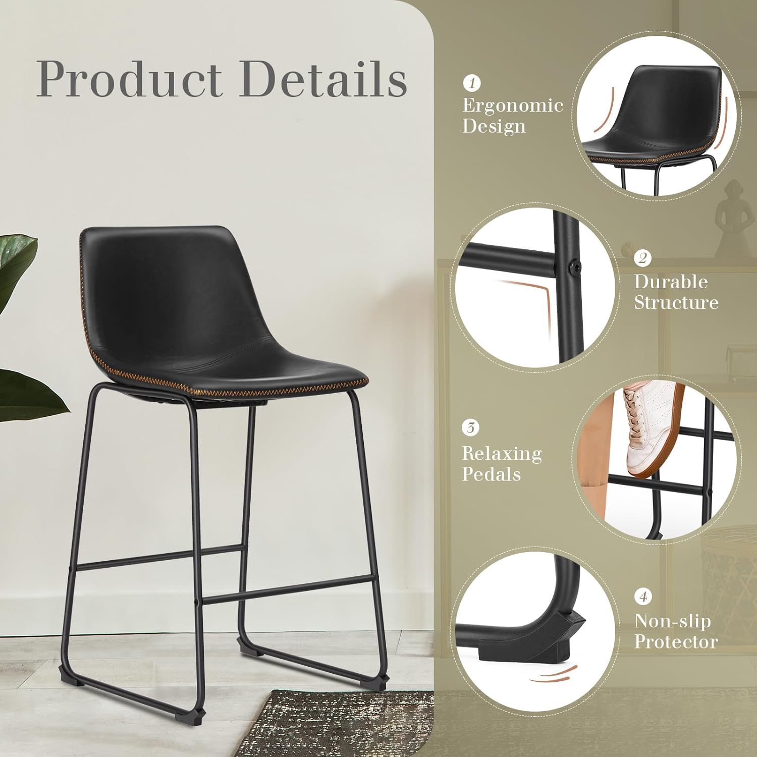 MAYEERTY 26 Inch Barstools High PU Leather Counter Bar Stool With Back and Footrest Set of 2, Black